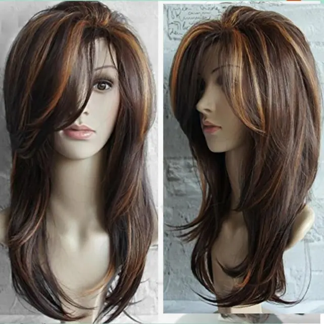 Real Hair! New Gorgeous Women's Long Mix Brown Straight Human Hair Wigs Color