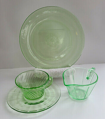 Green Depression Glassware. Creamer, Cup, Saucer and Plate! 4 Pieces Vintage