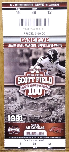 Mississippi State Bulldogs Football vs Arkansas Razorbacks 11-1-2014 Ticket Stub