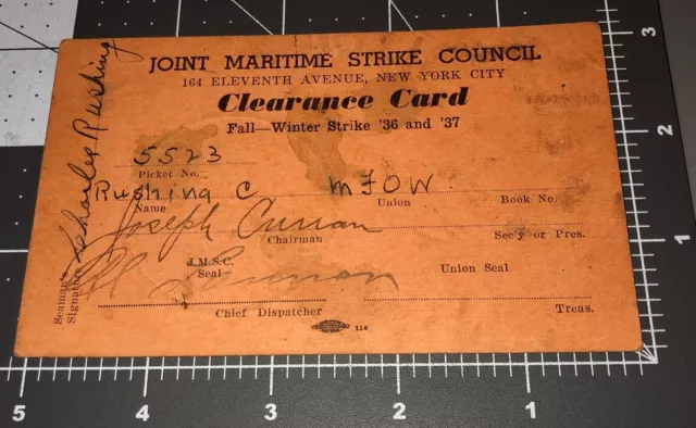 Vintage 1930s STRIKE PICKET CARD #2 New York NYC Joint Maritime Council Union