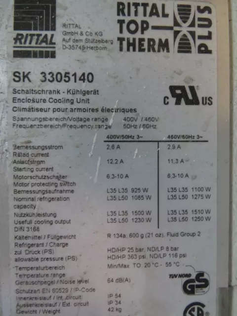 Rittal SK3305140 Wall Mounted Cooling Unit 400/460V 50/60Hz 2.6/2.9A 3Ph USED