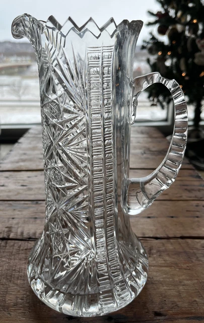 American Brilliant Period Cut Glass Champagne Pitcher Hob Star Saw Tooth Zipper