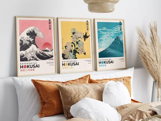 Set of 3 Hokusai Abstract Wall Art, Katsushika Hokusai Poster, Japanese Wall Art