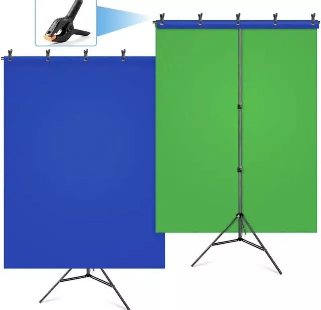 Green Screen Backdrop with Stand Kit 5X6.5Ft for Zoom, 2-In-1 Reversible Blue Sc