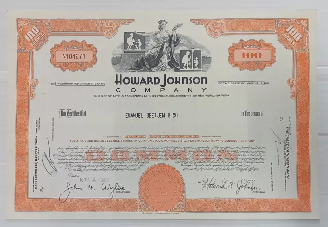 AOP United States Howard Johnson Company 1968 share certificate for 100 shares