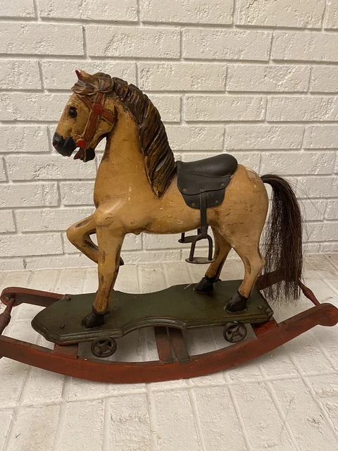 Antique Folk Art Hand-Carved Wooden Painted Rocking Horse Vintage Art