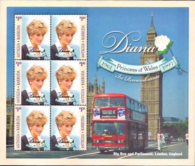 Antigua #SG2753a MNH M/S 1998 Princess Diana Wales Queen Hearts Tower Bus [2184]