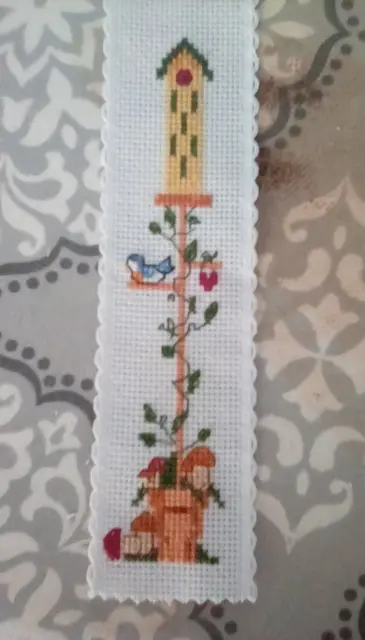 completed cross stitch bookmark birdhouse mushrooms and bird approx 2 x7 1/2