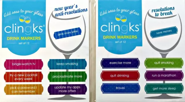CLINGKS 24 Glass Drink Markers Clings New Years Eve Theme Wine Charms NEW