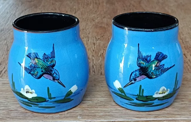 Watcomb Torquay Studio Art Motto Pottery Ware Kingfisher Pair Of Small Pots.