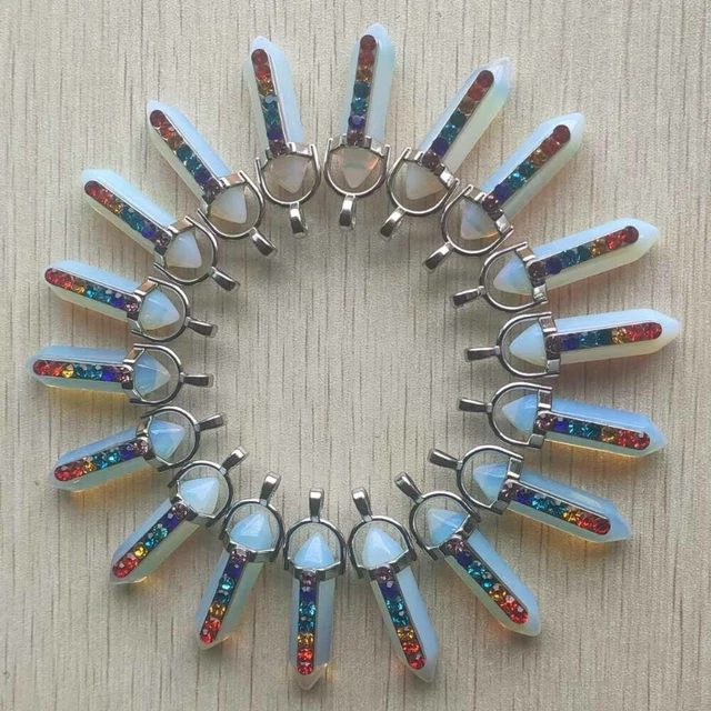 100pcs Opal Stone Hexagonal Pointed 7 Color Reiki Chakra Pendant Necklace DIY