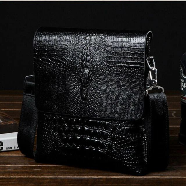 Men's Sling Shoulder Bag Leather Black Crocodile Crossbody Bag 10" Messenger Bag 2