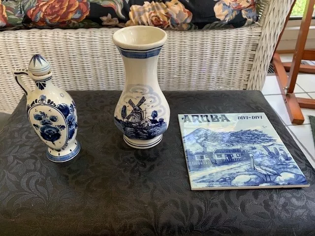 Delft Holland Hand Painted Blue/White Vase & Bottle + Royal Mosa Aruba Tile