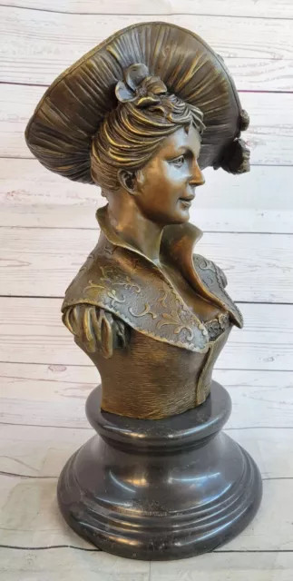 Bronze Bust Sculpture of a Victorian or Edwardian Woman in a Hat on Marble Base 3