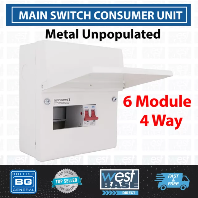 BG 6 MODULE 4 WAY METAL UNPOPULATED CONSUMER UNIT WITH 100A SWITCH 18th EDITION