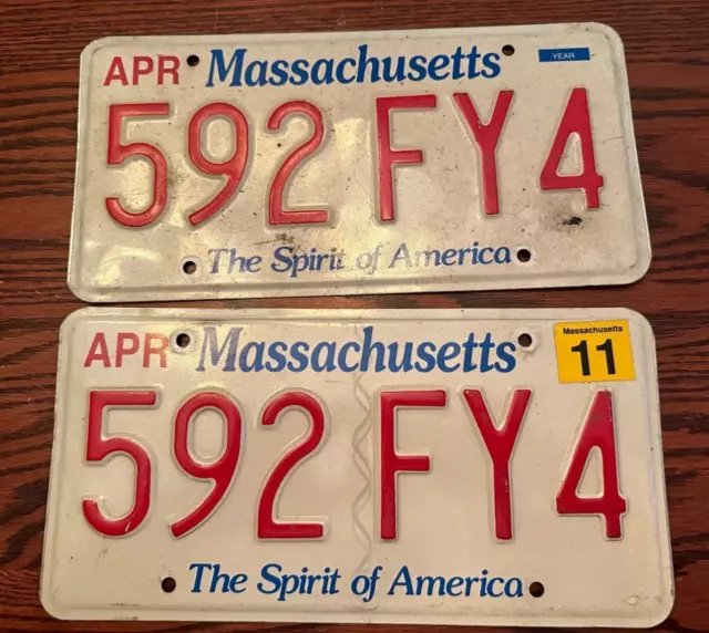 2011 Massachusetts License Plate Set 592 FY4 Spirit of America MA USA April