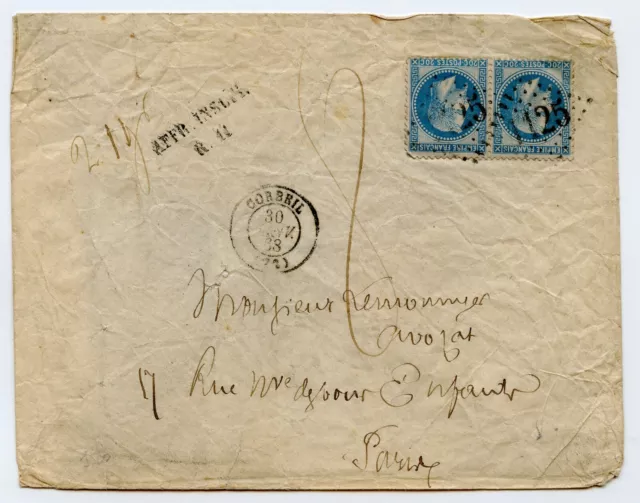 LETTRE PAIRE N°29 CAD 1868 CORBEIL SEINE ET OISE GC 1125 à PARIS