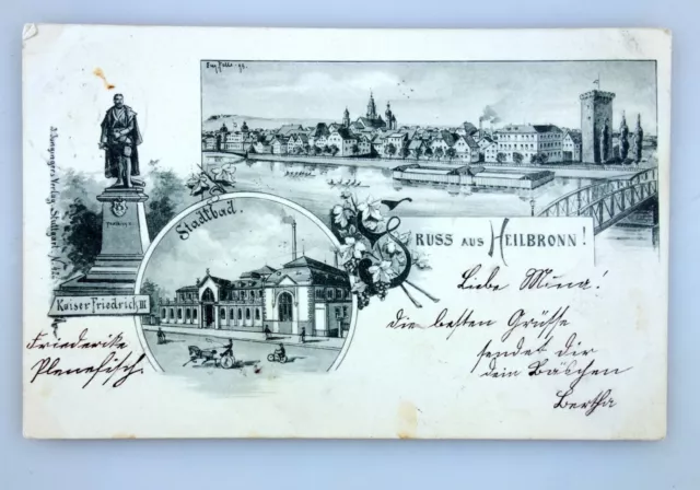 Postcard greeting from HEILBRONN 1898 city bath, neckar, monument to Emperor Friedrich