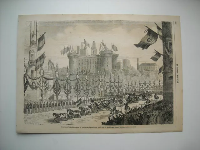 Gravure 1862. S. M. Le Roi Victor-Emmanuel Se Rendant Au Palais Royal A Naples..