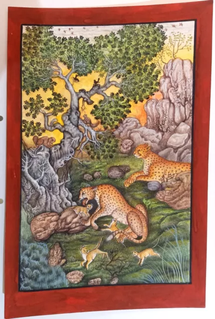 Indien Faune Léopard Famille Main Miniature Animal Peinture Décor Maison Art