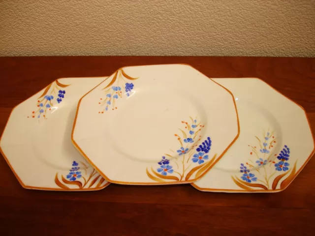 Art Deco Melba Bone China 3 Octagonal Handpainted Tea / Side Plates