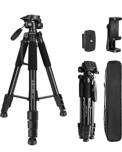 JOILCAN 75” Aluminum Tripod for Canon, Nikon, DSLR with Cell Phone Mount - Black
