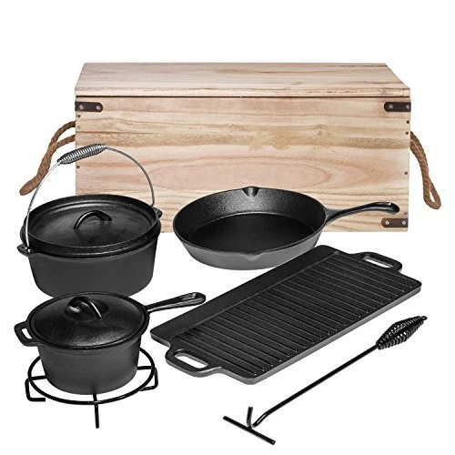 PreSeasoned 7 Piece Heavy Duty Cast Iron Dutch Oven Camping Cooking Set With Vin