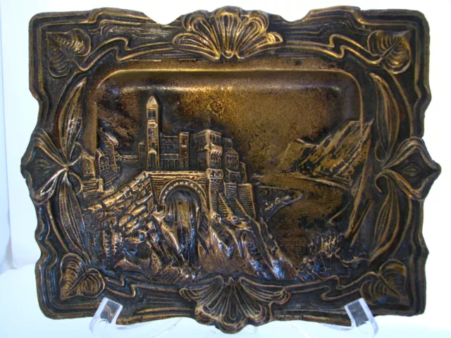 FRENCH ART NOUVEAU BRONZE PLAQUE PICTURE "ALPINE TOWN LANDSCAPE" France ca1890's