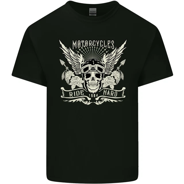 Motorcycles Ride Hard Biker Skull Motorbike Mens Cotton T-Shirt Tee Top