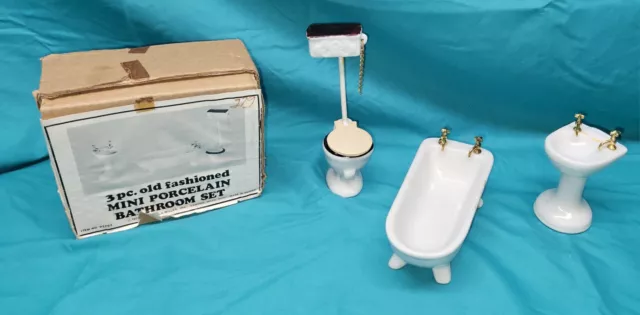 Dollhouse Bathroom Set White Ceramic Tub Toilet Sink 1:12 Scale Miniature