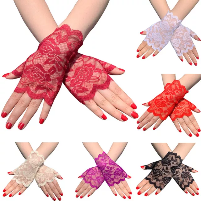 6 Colors Womens Short Lace Floral Fingerless Gloves Gothic Bride Wedding Mittens 2