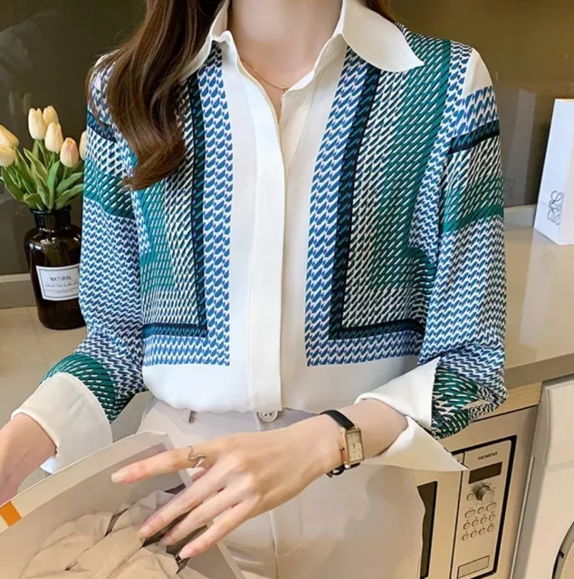 Blue White Green Classic Chic Smart Geometric Print Ladies  Shirt Blouse  12 14