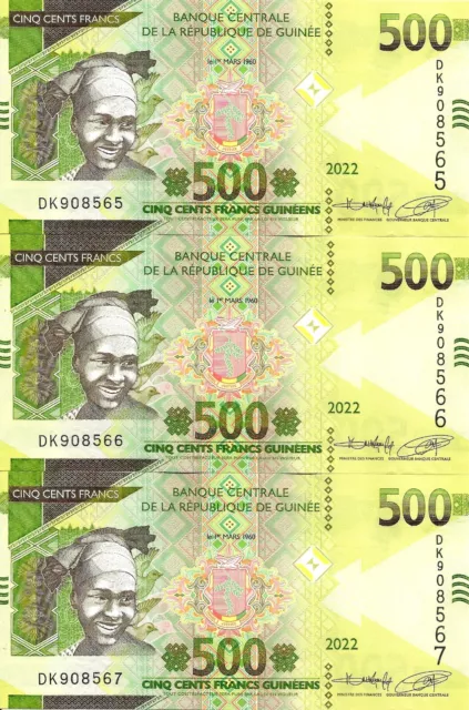 Guinea 3x 500 francs 2022 P-53b UNC consecutive