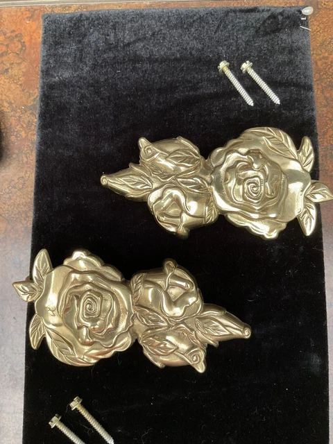 Pair of Vintage Brass Curtain Tie Backs - Flowers, Roses