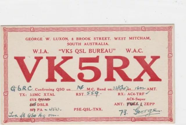 Vintage QSL radio  communication card south australia 1947 ref r8508