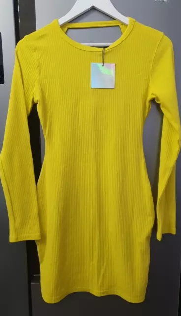 MISSGUIDED Yellow Ribbed Mini Bodycon Dress Long Sleeve Open Back UK12 EU40 US8