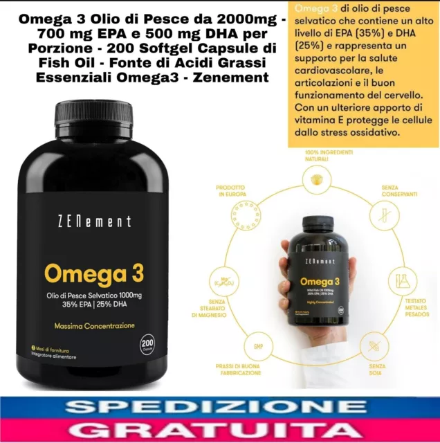 Omega 3 Olio Di Pesce Da 2000Mg, 700Mg EPA E 500 Mg DHA x Porzione | 200 Softgel