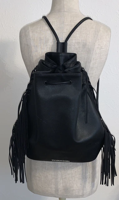 VICTORIA'S SECRET Fringed Drawstring Shoulder Backpack Bag Purse, BLACK $85 MSRP