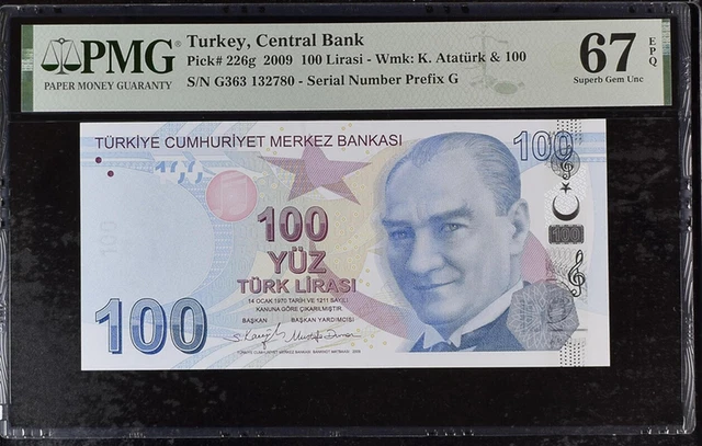 Turkey 100 Lira 2009 P 226 g Prefix G Superb Gem UNC PMG 67 EPQ