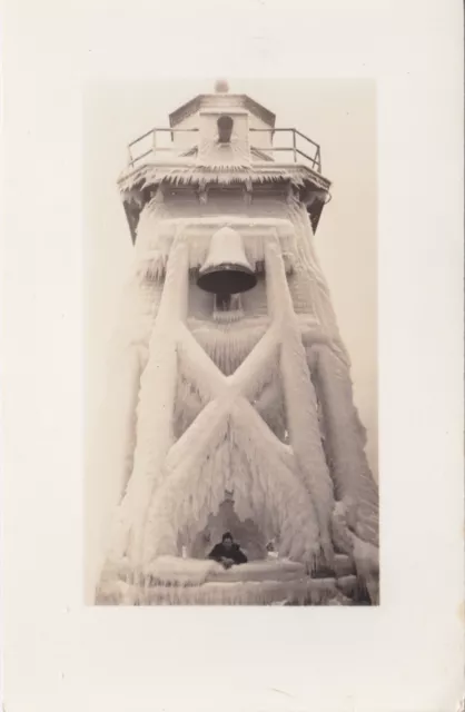 USCG Manistique MI RPPC c.1917 HARBOR LIGHTHOUSE KEEPER & Lighthouse built 1916!
