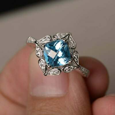 Brilliant 2.40CT Cushion Cut Blue Topaz Halo Engagement Ring 14k White Gold Over