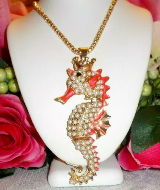 Betsey Johnson Cute  Pink Crystal & Enamel Crowned Seahorse Pendant Necklace