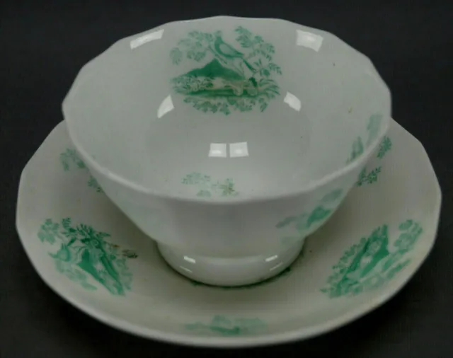 British Soft Paste Porcelain Green Birds & Butterflies Tea Bowl & Saucer 1830 C
