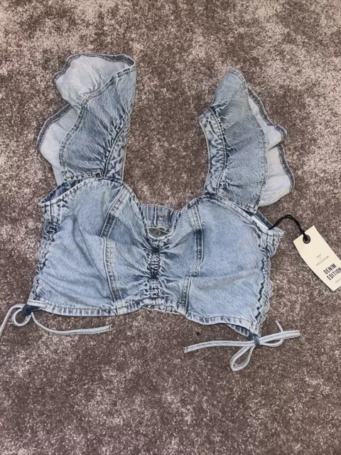 Women’s River Island Frill ruffle open back Crop Denim Top UK10 BNWT RRP £35