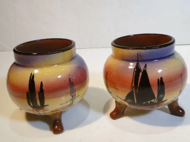 Pair of Vintage English Watcombe Pottery Footed Urns Bowls With Sailboat Themes