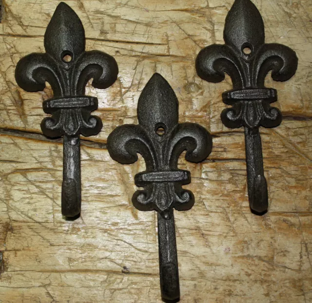 3 Cast Iron Antique Style Rustic Fleur De Lis Coat Hooks Hat Hook Rack Towel #6 2