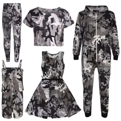 Top Bambina Camouflage Corto Stampa Legging Midi Abito New Età 7-13 Anni