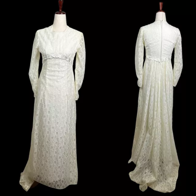 Vintage Emiliana 70s Ivory Lace Dress Lace Empire Waist Long Sleeve XS