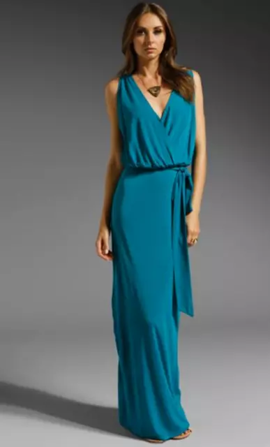 haute hippie Aquamarine Teal Plunging V Grecian Goddess Slit Maxi Gown Dress S M