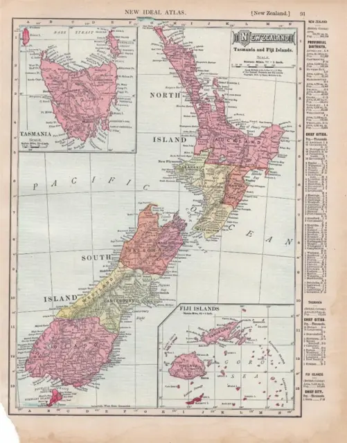 1911 Antique Rand Mcnally New Ideal Atlas Map-New Zealand